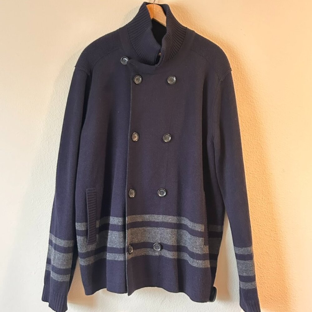 Vince Double Breasted with Grey Stripes 100% wool Pea Coat Cardigan size xl READ